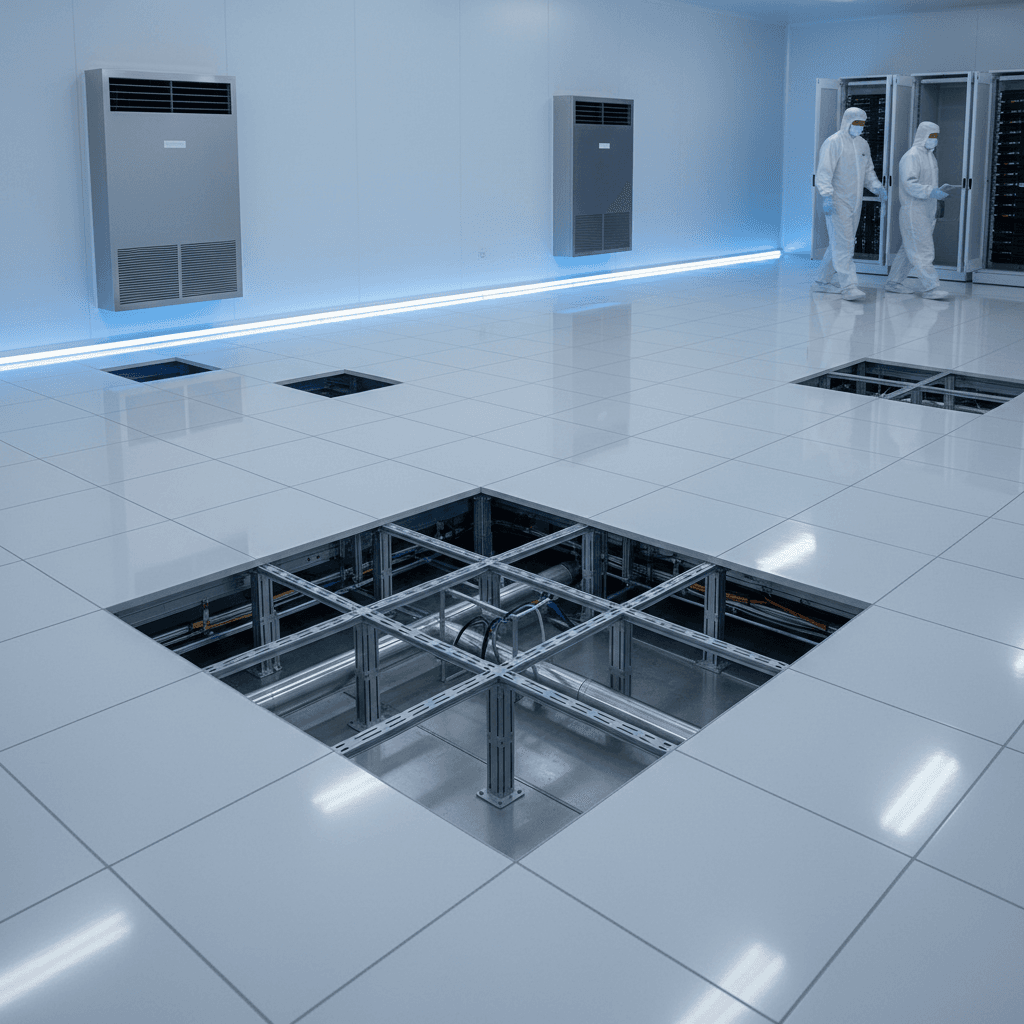 Raised access floor panels in cleanroom